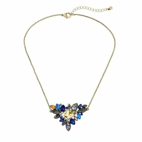 Blue Flower Rhinestone Crystal Vintage Gold Pendant Statement Necklace - Picture 1 of 7
